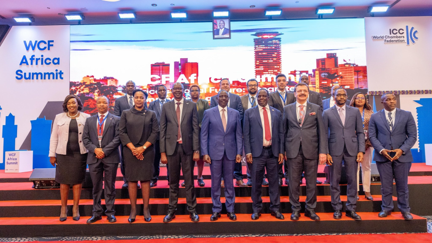 President of Kenya, H.E. Dr. William Ruto, alongside Cabinet Secretary for Co-operatives and MSME Development Wycliffe Oparanya (4th right), joined key figures including Property Show host Nancy Muthoni (left), Absa Bank Kenya Head of SME Erastus Muthura, Business Banking Director Elizabeth Wasunna, KNCCI President Erick Rutto, ICC World Chambers Federation (WCF) Chair Rifat Hisarcıklıoğlu, and African Guarantee Fund CEO Jules Ngankam at the opening of the WCF Africa Summit 2025. The summit convened delegates from over 70 countries to discuss Africa’s economic future. This landmark event underscored Kenya’s growing role as a hub for trade, innovation, and private sector growth.
