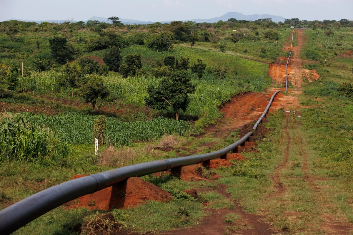 A section of the East African Crude Oil Pipeline in Kikuube, Uganda.